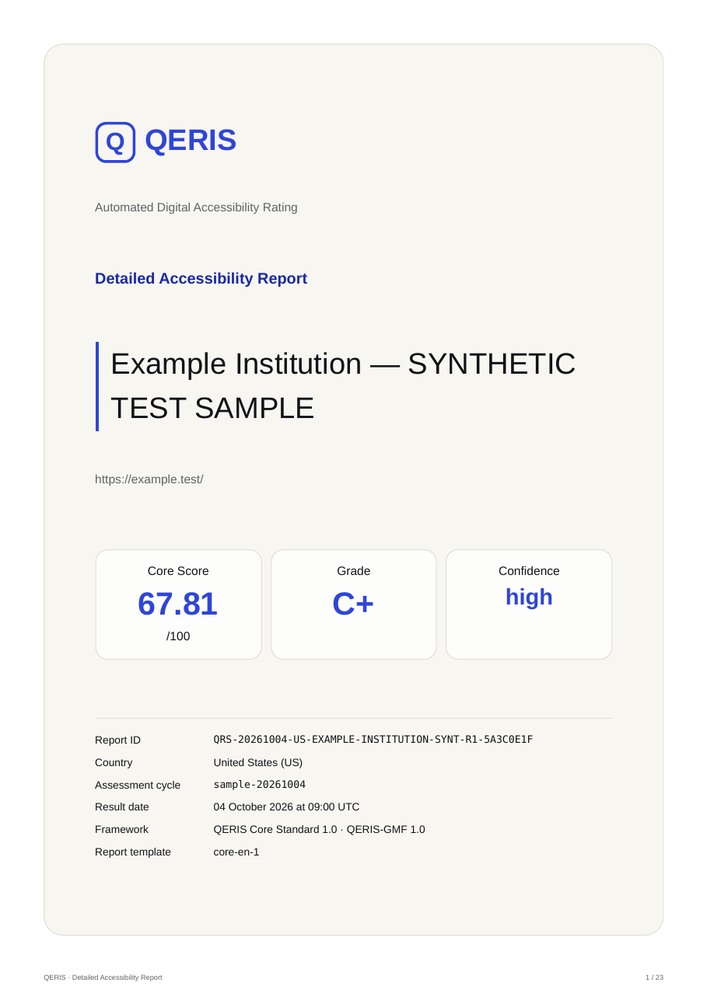 Cover of the QERIS English sample report for Example Institution, marked synthetic test sample